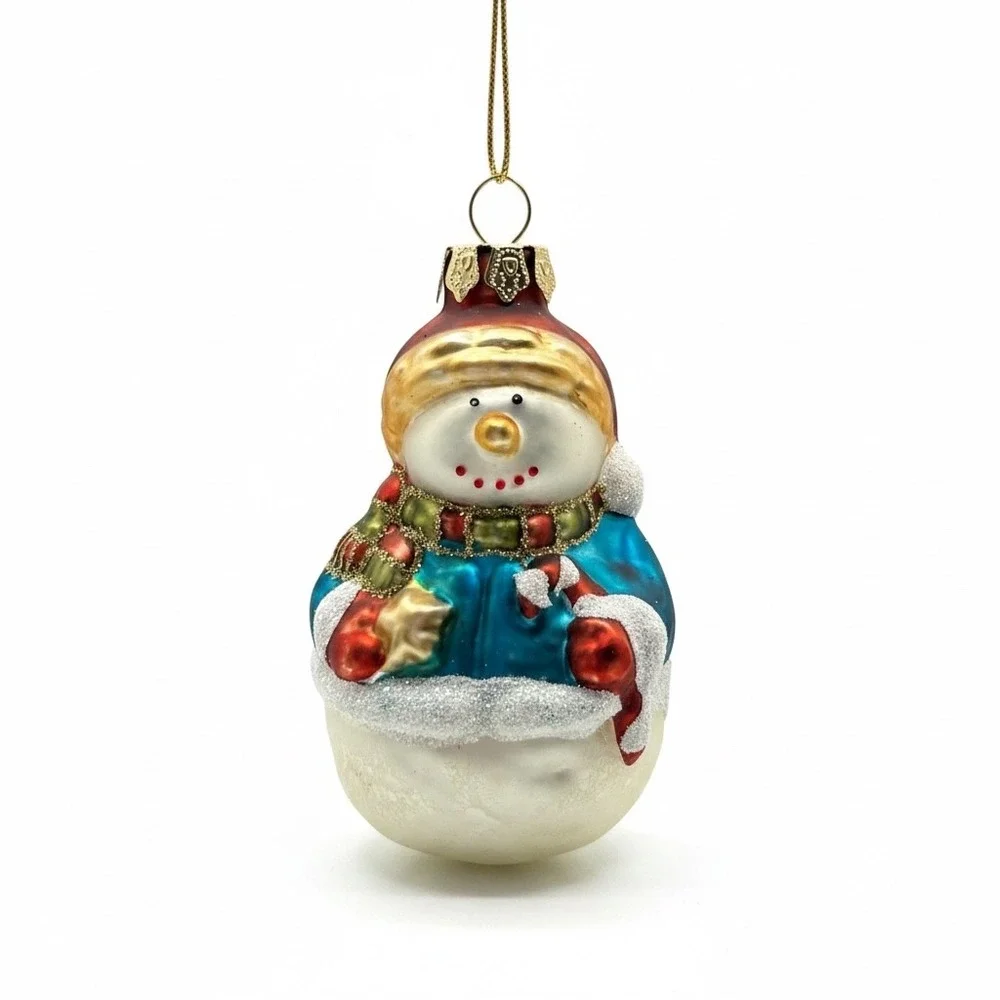 Vintage Blown Glass Snowman Christmas Ornament Blue Coat Red Hat Holiday Decor